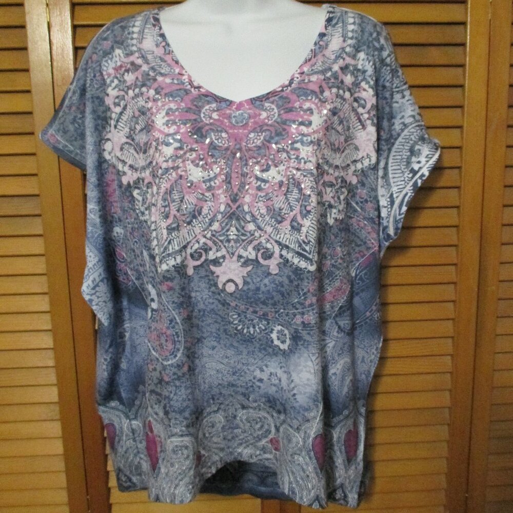 Style & Co. top blue & purple short sleeve V neck stretch size XL